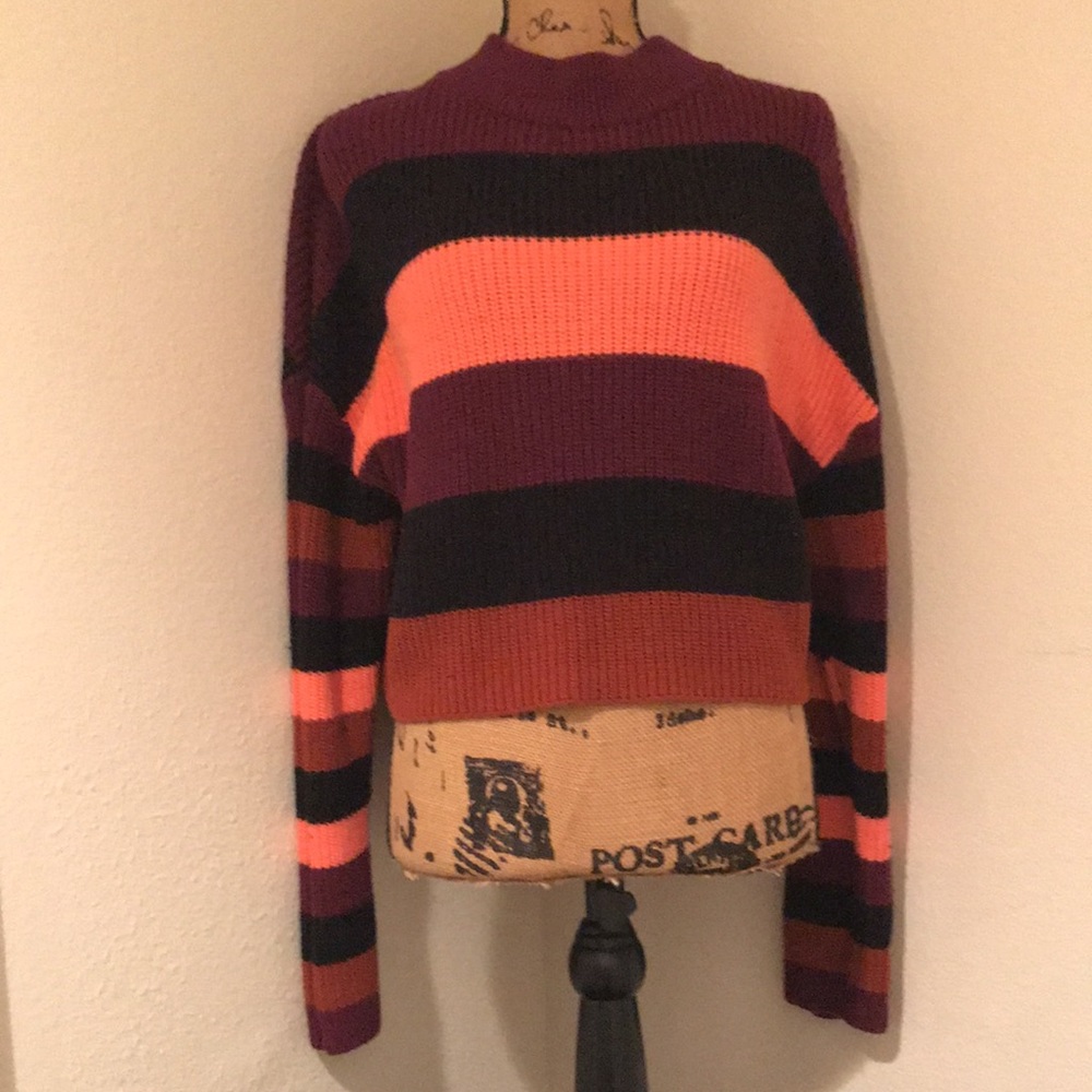 Express Womens Cropped Long Sleeve Multi-Color Striped Sweater-M